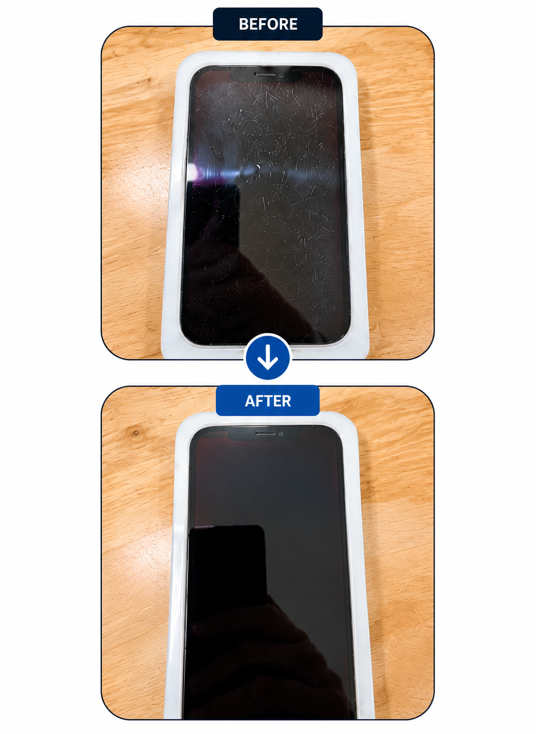 Before and after photo of an iPhone screen polished by Elford Tech Repairs — heavy scratches and swirl marks removed, restoring a clear glassy finish
