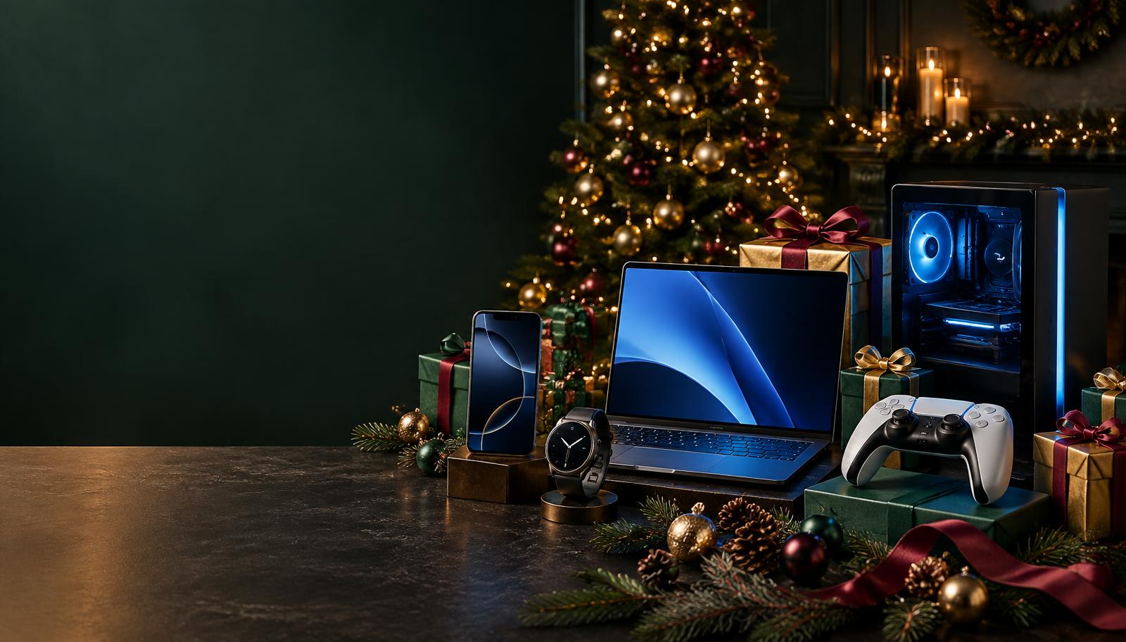 Gift-ready phones, laptops, watches, gaming accessories and a gaming PC beside a Christmas tree